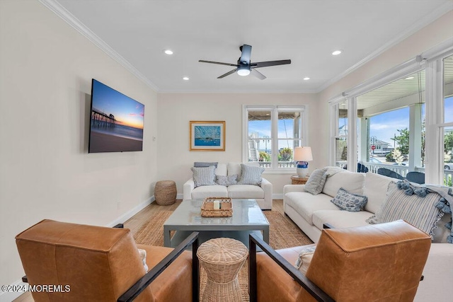 living room with ceiling fan, ornamental molding, and light wood-type flooring