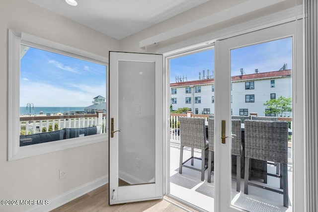 doorway with a water view and wood-type flooring