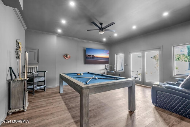 playroom with french doors, billiards, ornamental molding, hardwood / wood-style flooring, and ceiling fan