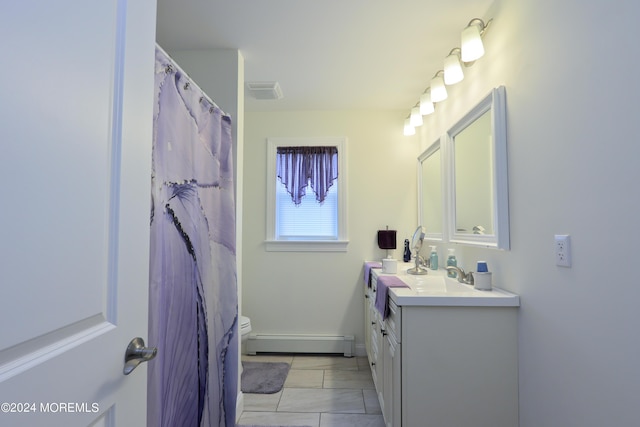 bathroom with vanity, a baseboard heating unit, tile patterned floors, toilet, and walk in shower