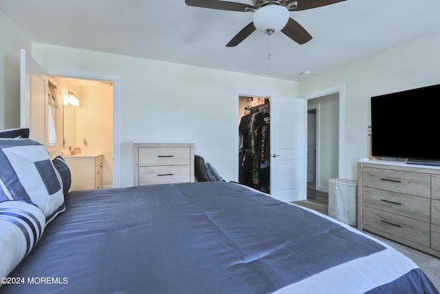 bedroom featuring a spacious closet, a closet, and ceiling fan