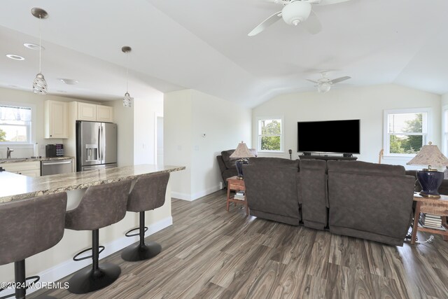 living room with dark hardwood / wood-style flooring, vaulted ceiling, a wealth of natural light, and sink