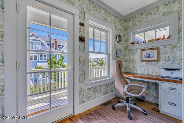 office area with crown molding and hardwood / wood-style flooring