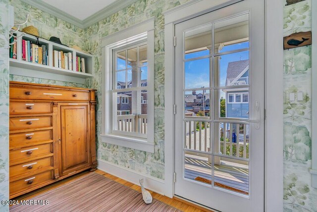 doorway featuring ornamental molding, hardwood / wood-style flooring, and a healthy amount of sunlight