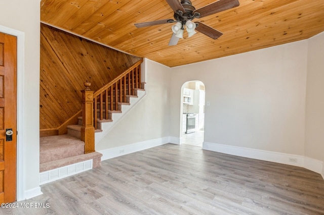 interior space featuring wooden ceiling, hardwood / wood-style floors, and ceiling fan