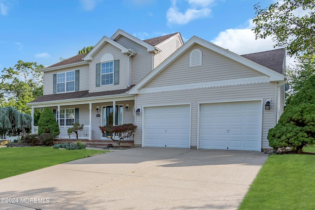 view of front of home with a porch, a garage, and a front lawn