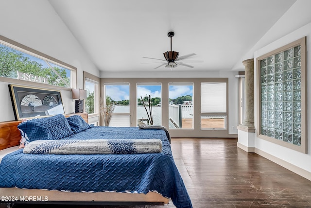 bedroom with ceiling fan, wood-type flooring, vaulted ceiling, and access to outside