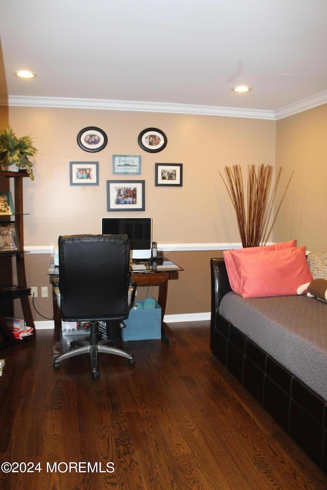 office area with dark hardwood / wood-style flooring and crown molding