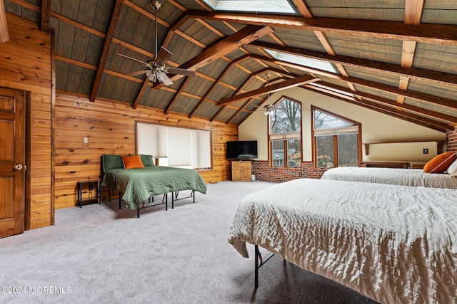 carpeted bedroom with vaulted ceiling with beams and wooden walls