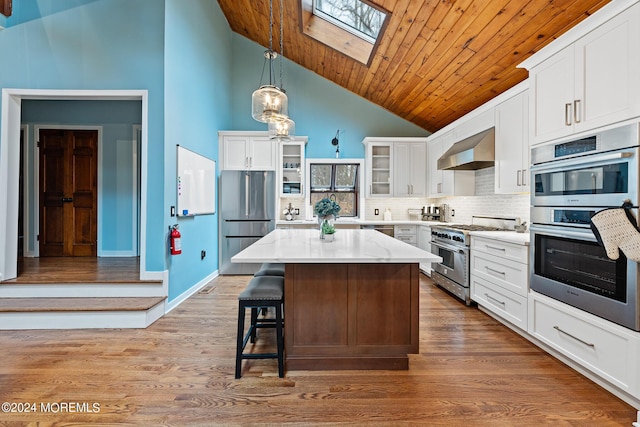 kitchen with backsplash, wall chimney exhaust hood, white cabinetry, and stainless steel appliances