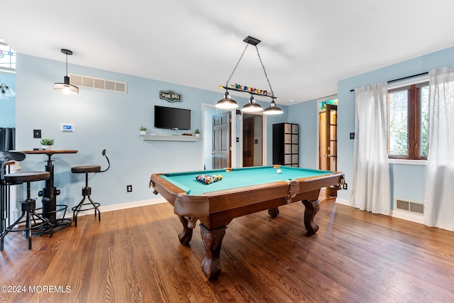 game room with hardwood / wood-style flooring and billiards