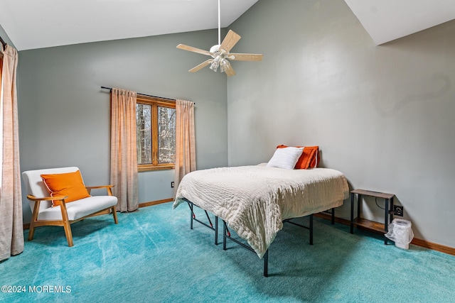 bedroom with carpet flooring, ceiling fan, and high vaulted ceiling