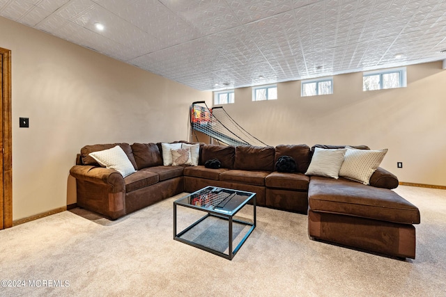 living room featuring light colored carpet