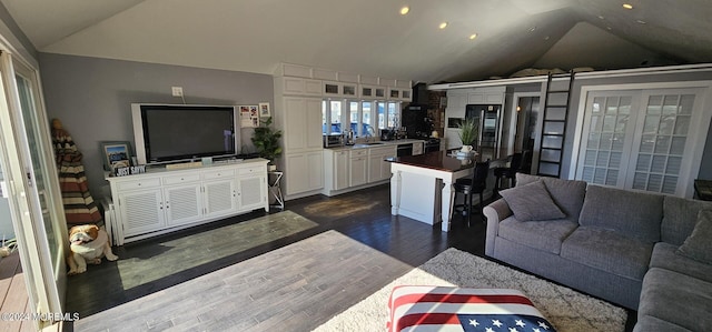 living room with vaulted ceiling, dark wood-type flooring, and sink