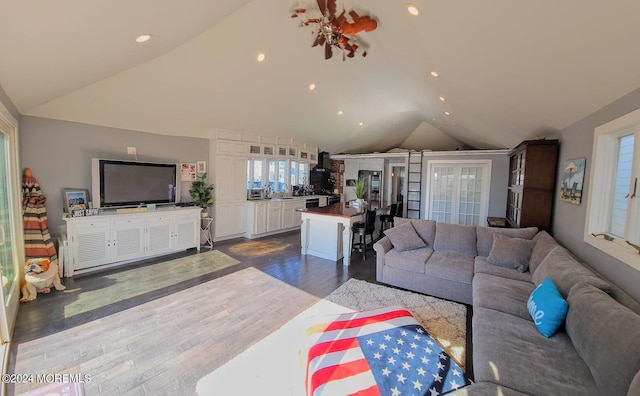 living room featuring dark wood-type flooring and lofted ceiling