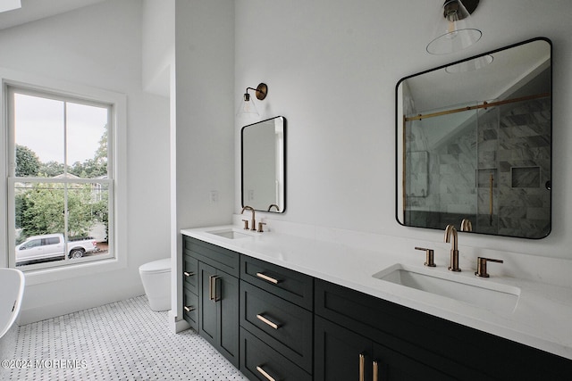 bathroom with toilet, vanity, and a shower with door