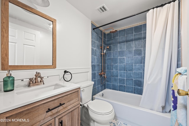 full bath with visible vents, toilet, vanity, and shower / bathtub combination with curtain