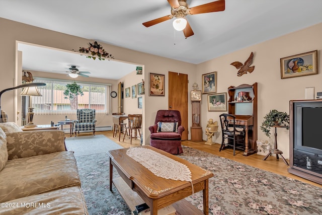 living room with ceiling fan and wood-type flooring