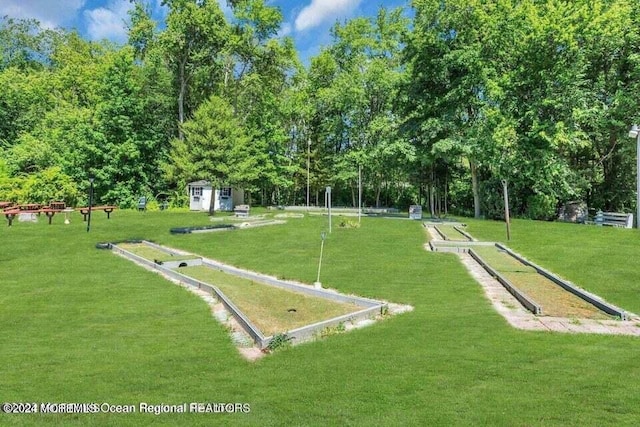 surrounding community featuring a lawn and a storage unit