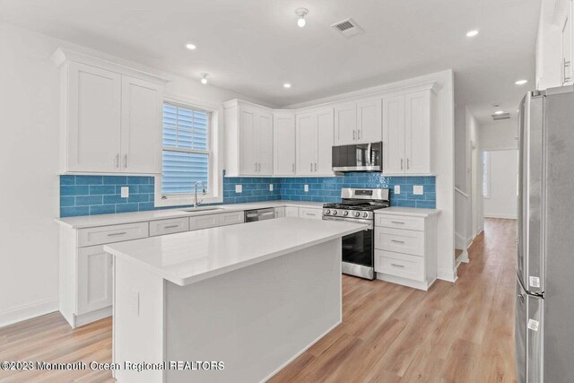 kitchen featuring white cabinets, light wood-type flooring, decorative backsplash, sink, and appliances with stainless steel finishes