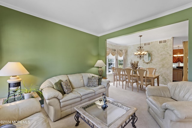 living room with an inviting chandelier, light colored carpet, and ornamental molding