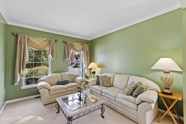 carpeted living room featuring crown molding