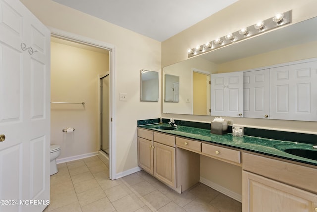 bathroom with tile patterned floors, walk in shower, toilet, and vanity