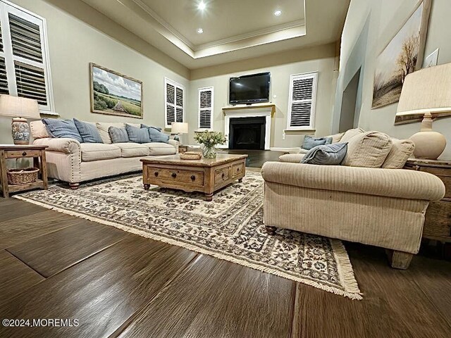 living room featuring dark hardwood / wood-style flooring, a tray ceiling, and ornamental molding