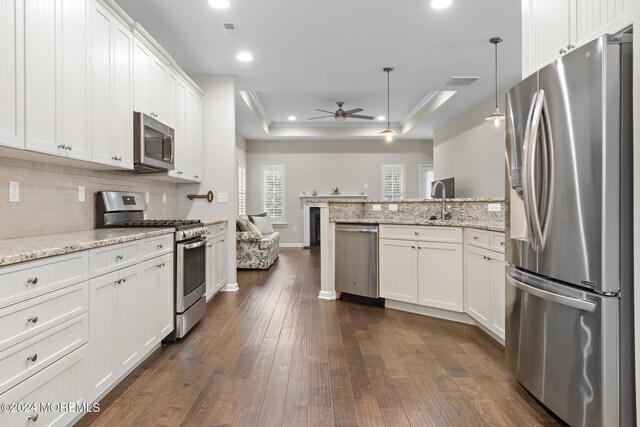 kitchen featuring decorative light fixtures, light stone counters, appliances with stainless steel finishes, and a raised ceiling