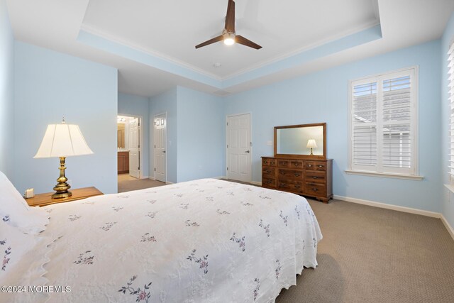 carpeted bedroom featuring ceiling fan, ensuite bathroom, and a raised ceiling