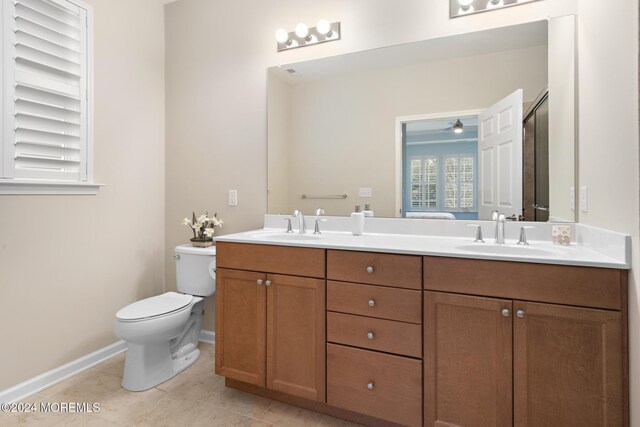 bathroom featuring tile patterned floors, vanity, and toilet