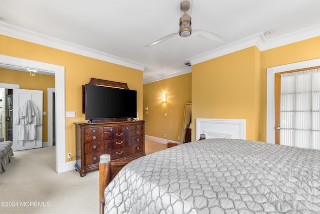 bedroom with light colored carpet, crown molding, and ceiling fan