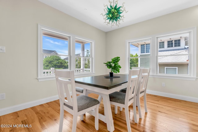 dining space with a healthy amount of sunlight and light hardwood / wood-style floors