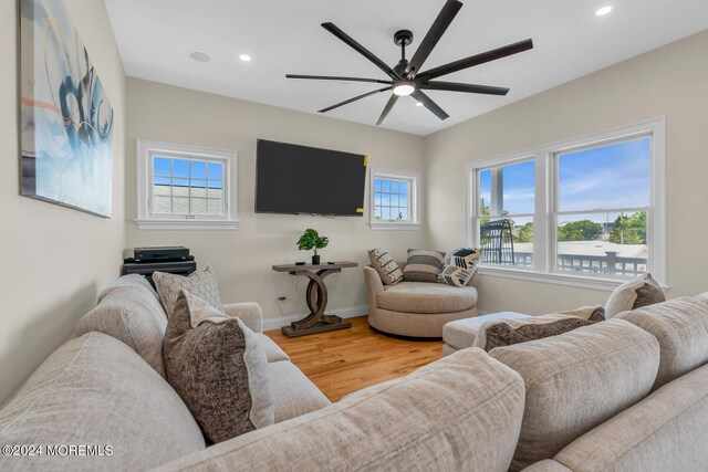 living room featuring hardwood / wood-style flooring and ceiling fan