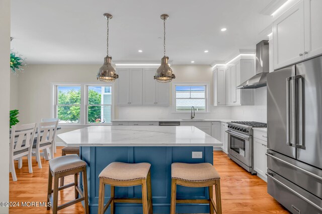 kitchen with premium appliances, light hardwood / wood-style flooring, a wealth of natural light, and wall chimney range hood