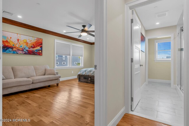 hall featuring crown molding, light wood-type flooring, and a healthy amount of sunlight