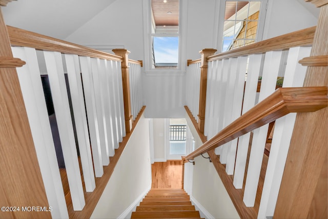 stairway with hardwood / wood-style floors, a wealth of natural light, and a high ceiling