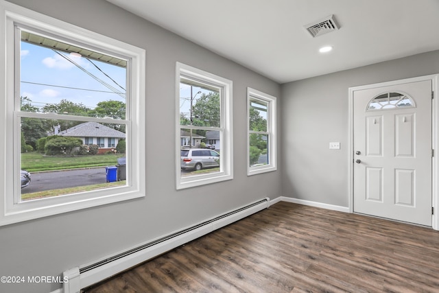 foyer entrance featuring a baseboard radiator and dark hardwood / wood-style flooring