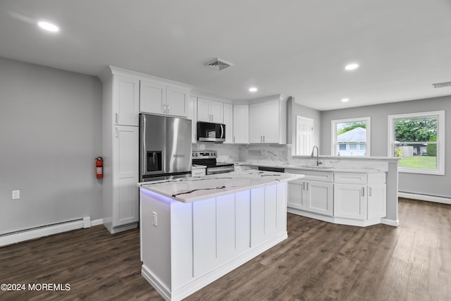 kitchen with stainless steel appliances, baseboard heating, a kitchen island, white cabinets, and sink