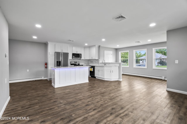 kitchen featuring a baseboard radiator, white cabinetry, dark hardwood / wood-style flooring, and stainless steel appliances