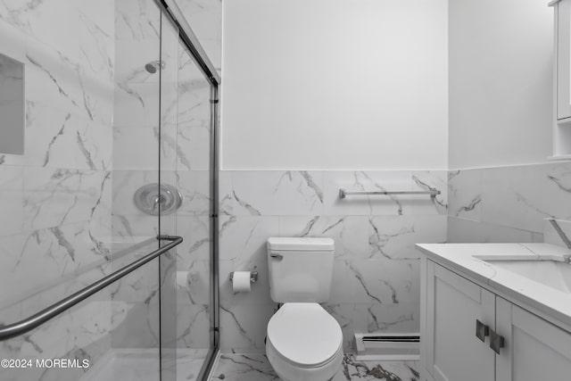 bathroom featuring toilet, vanity, an enclosed shower, and a baseboard radiator