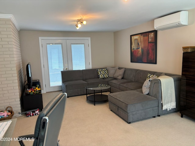 carpeted living room featuring a wall mounted air conditioner and french doors