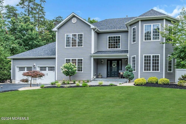 view of front facade with a garage, a front yard, and a porch