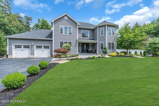 view of front of house featuring a porch, a garage, and a front lawn