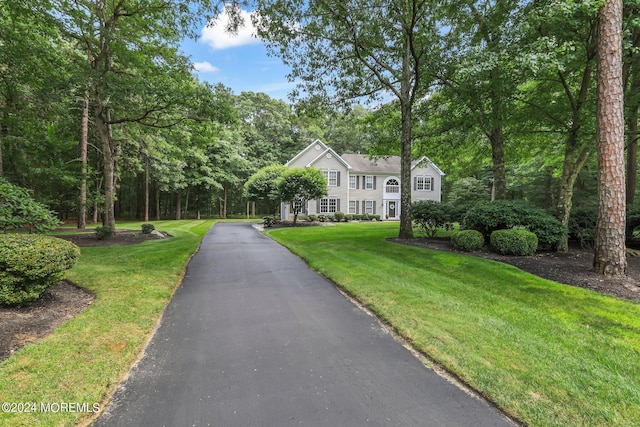 colonial-style house featuring a front lawn