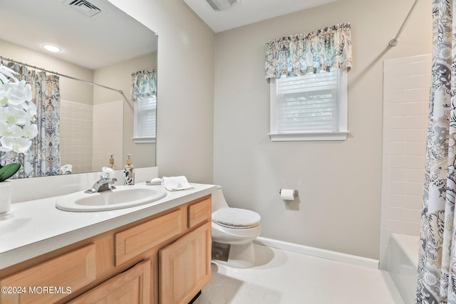 full bathroom with toilet, vanity, visible vents, and shower / bathtub combination with curtain