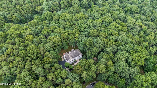 bird's eye view with a wooded view