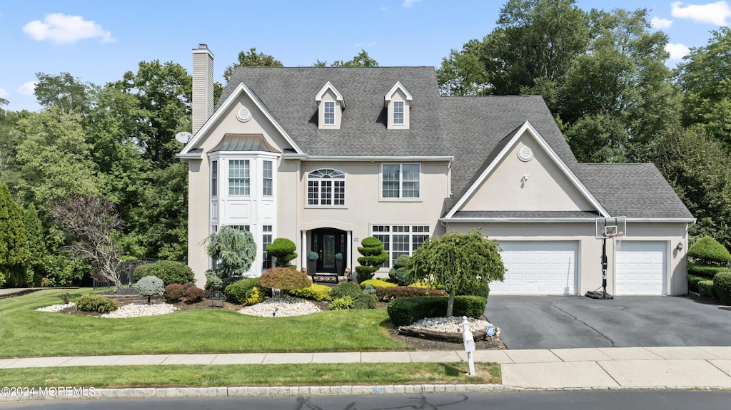 view of front of home featuring stucco siding, aphalt driveway, a garage, and a front lawn
