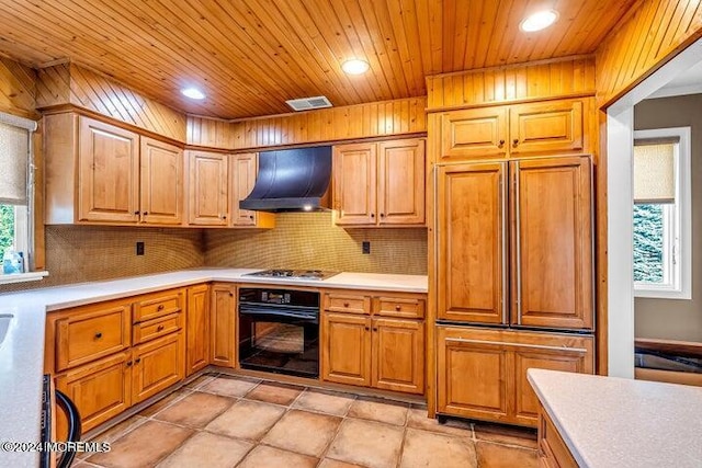 kitchen with stainless steel gas cooktop, decorative backsplash, wooden ceiling, oven, and wall chimney exhaust hood