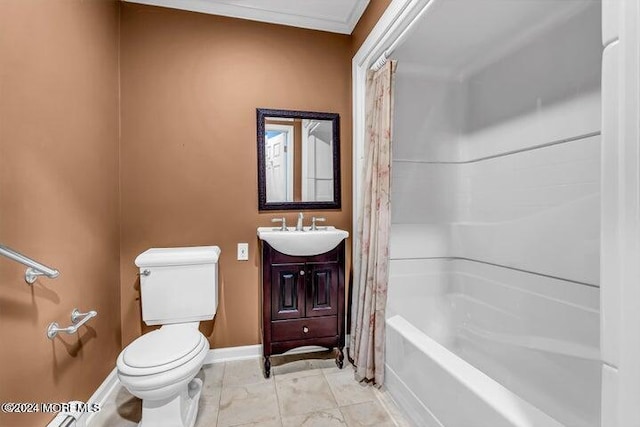 full bathroom with vanity, crown molding, toilet, and shower / bath combo with shower curtain